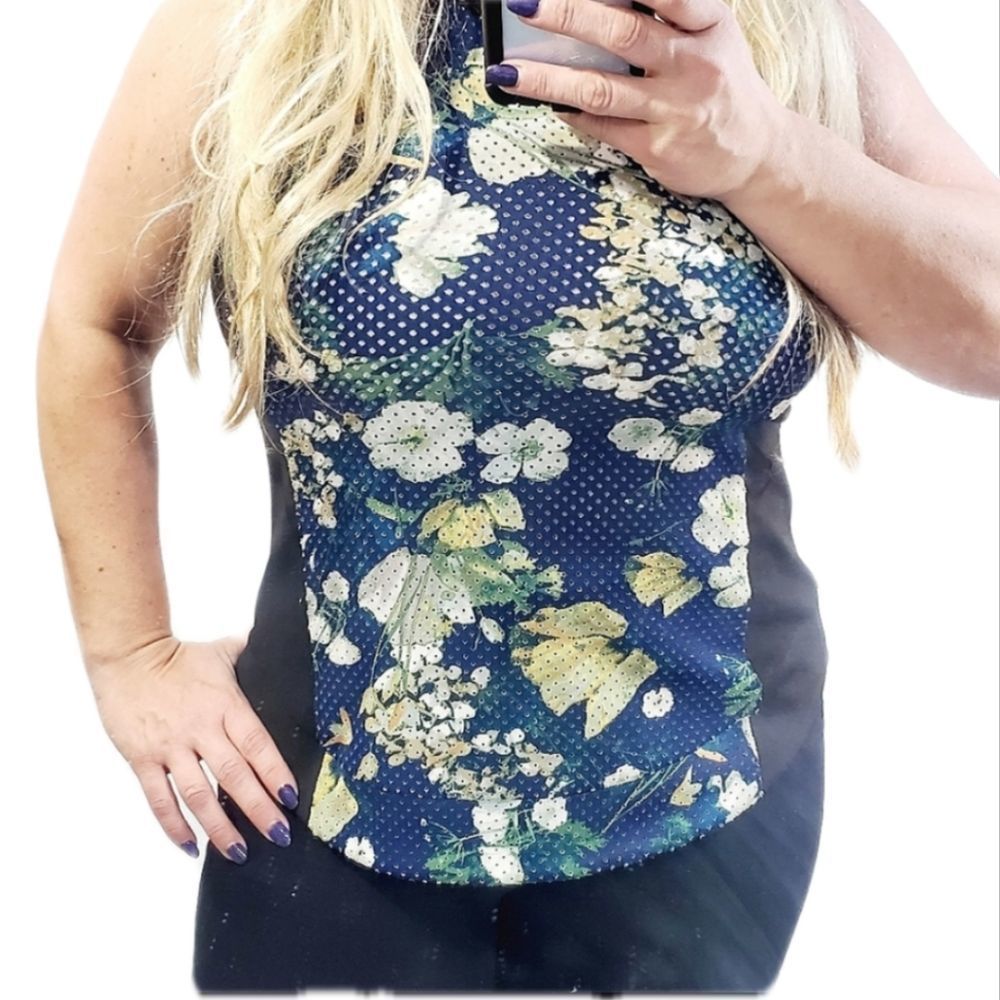 5x$25 Rachel Roy blue floral perforated  sleeveless  exposed zip  top XL